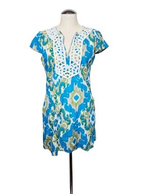 Kas New York Printed Crochet Mini Dress Cotton Size S Blue Green Tan White
